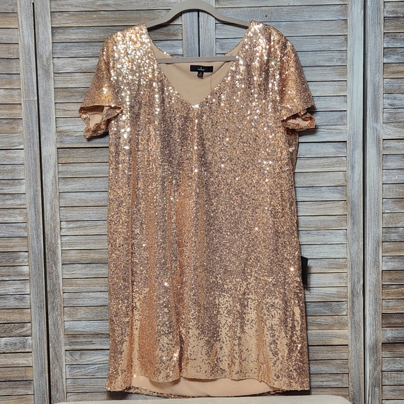 Lulus Dresses & Skirts - Lulu's Light The Night New Tags Rose Gold Sequin T Shirt Dress Swift Vibe